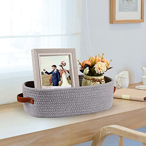 Oradrem Cotton Rope Small Woven Toilet Paper Room Storage Basket with Handles for Bathroom  13""x5.9""x4"" Gary - Image 5